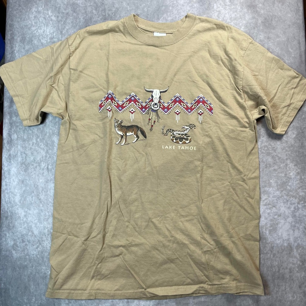 Anvil Lake Tahoe Graphic T Shirt Mens XL Tan Coyote Snake Steer Skull Cotton